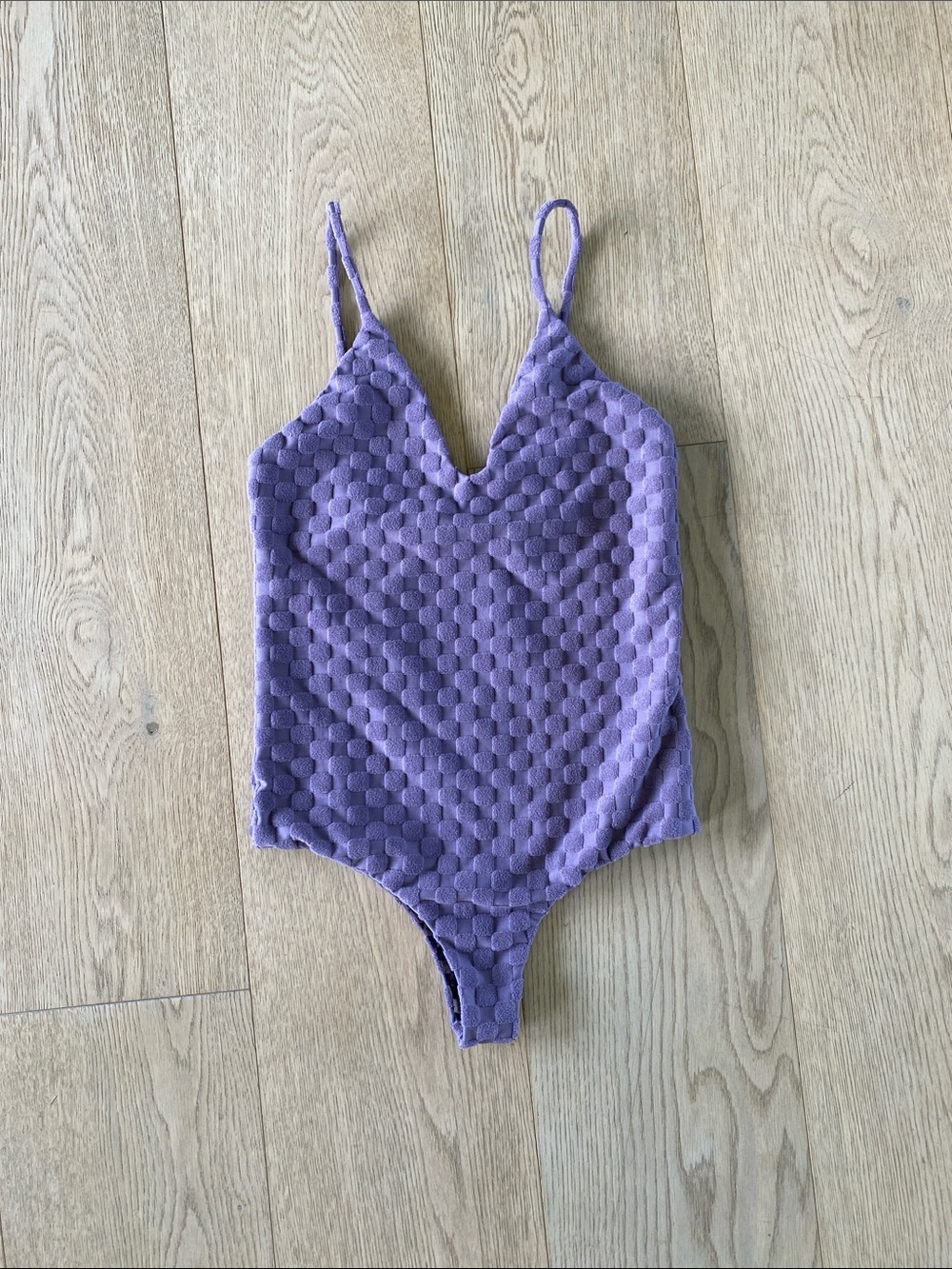 Mai Underwear Everyday bodysuit, Textured Purple V-Neck with Spaghetti Straps